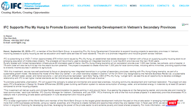 IFC công bố khoản đầu tư 1.700 tỷ đồng vào trái phiếu do Phú Mỹ Hưng phát hành (Nguồn: IFC)