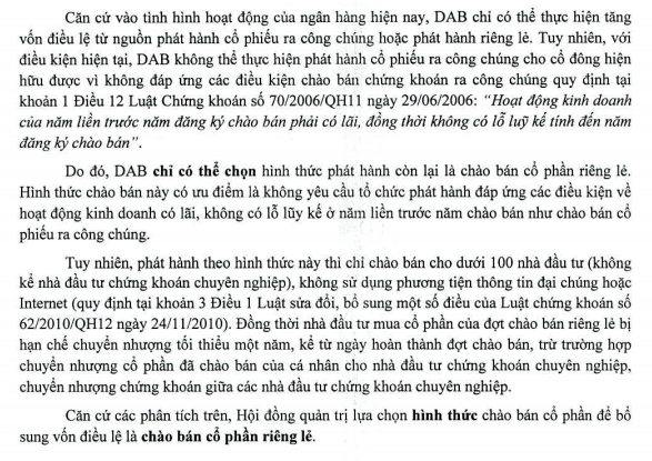 DongABank lý giải lý do lựa chọn hình thức chào bán riêng lẻ (Nguồn: DAB) DongABank lý giải lý do lựa chọn hình thức chào bán riêng lẻ (Nguồn: DAB)