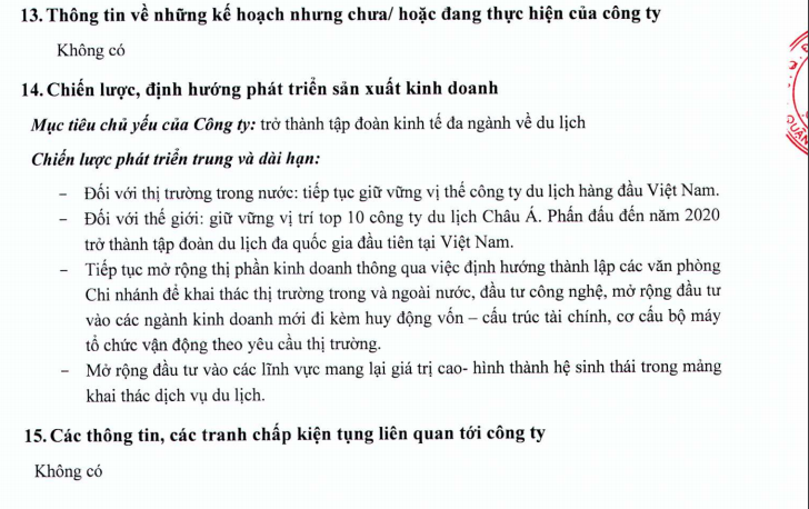 Chiến lược phát triển trung và dài hạn trong bản công bố thông tin niêm yết tóm tắt của Vietravel (Nguồn: HNX) Chiến lược phát triển trung và dài hạn trong bản công bố thông tin niêm yết tóm tắt của Vietravel (Nguồn: HNX)