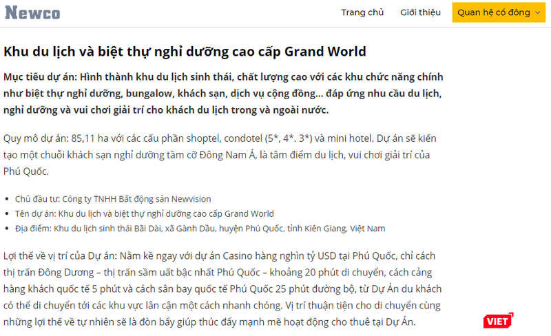 Phần giới thiệu về dự án Grand World của NewCo (Nguồn: newco.vn) Phần giới thiệu về dự án Grand World của NewCo (Nguồn: newco.vn)