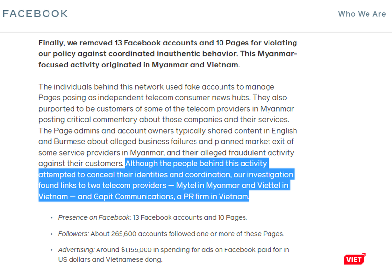 Một phần thông cáo của Facebook liên quan đến hành vi của Viettel và MyTel. (Ảnh chụp màn hình) Một phần thông cáo của Facebook liên quan đến hành vi của Viettel và MyTel. (Ảnh chụp màn hình)