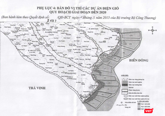 Bản đồ vị trí các dự án điện gió tại tỉnh Bến Tre theo quy hoạch giai đoạn đến năm 2020 (Ảnh chụp màn hình) Bản đồ vị trí các dự án điện gió tại tỉnh Bến Tre theo quy hoạch giai đoạn đến năm 2020 (Ảnh chụp màn hình)