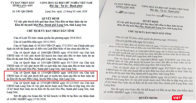 Quyết định số 140/QĐ-UBND ban hành ngày 21/1/2020 về việc phê duyệt kết quả lựa chọn nhà đầu tư thực hiện dự án Khu đô thị mới Mai Pha sau khi được điều chỉnh (bên phải) - Nguồn: VP UBND tỉnh Lạng Sơn