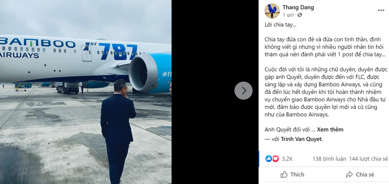 Chỉ 1 giờ sau khi đăng tải, &quot;Lời chia tay&quot; Bamboo Airways của ông Đặng Tất Thắng đã nhận được hàng nghìn lượt tương tác trên mạng xã hội