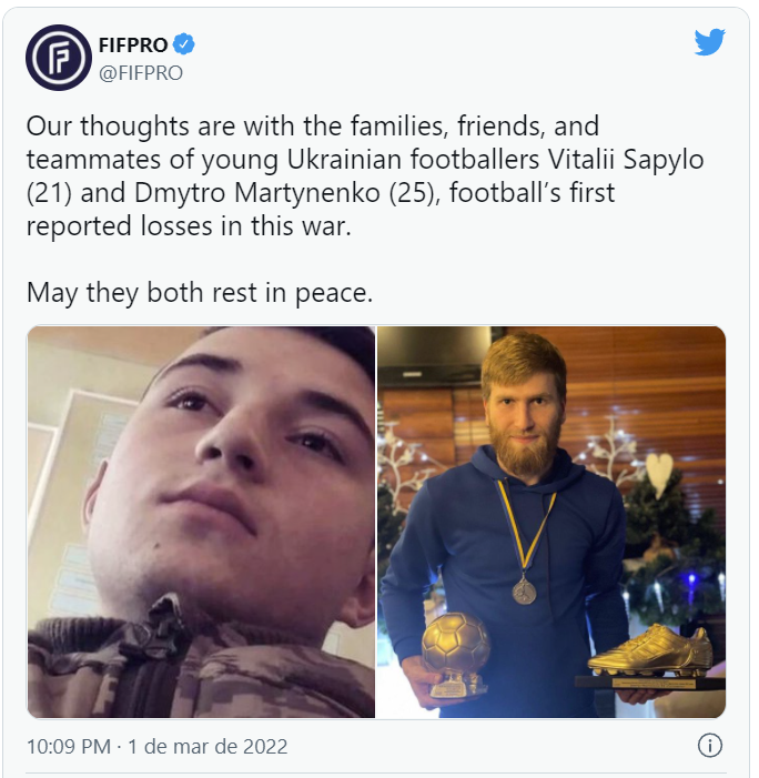 FIFPRO xác nhận thông tin hai cầu thủ Ukraine thiệt mạng do giao tranh quân sự với Nga