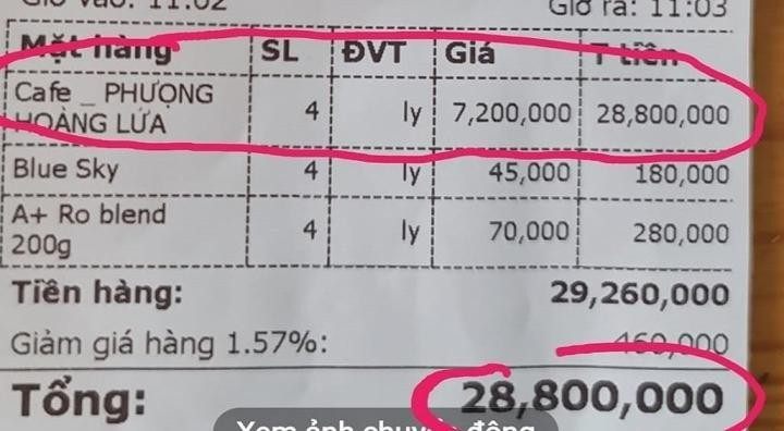 Hóa đơn thanh toán cà phê "Phượng Hoàng Lửa" gây sốc Hóa đơn thanh toán cà phê "Phượng Hoàng Lửa" gây sốc