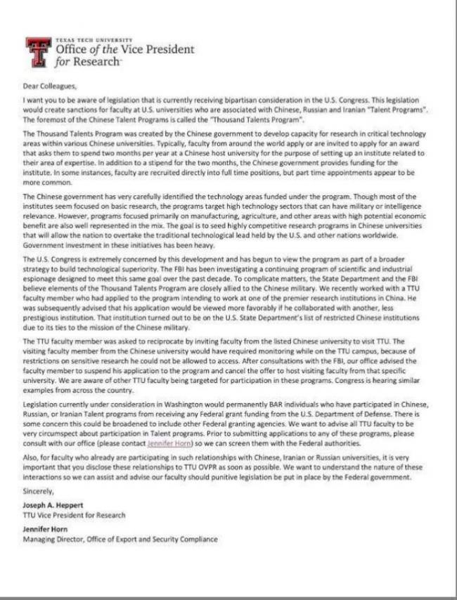 Thư ngỏ của ông Hiệu phó trường TTU cảnh báo về “Kế hoạch ngàn người” của Trung Quốc Thư ngỏ của ông Hiệu phó trường TTU cảnh báo về “Kế hoạch ngàn người” của Trung Quốc