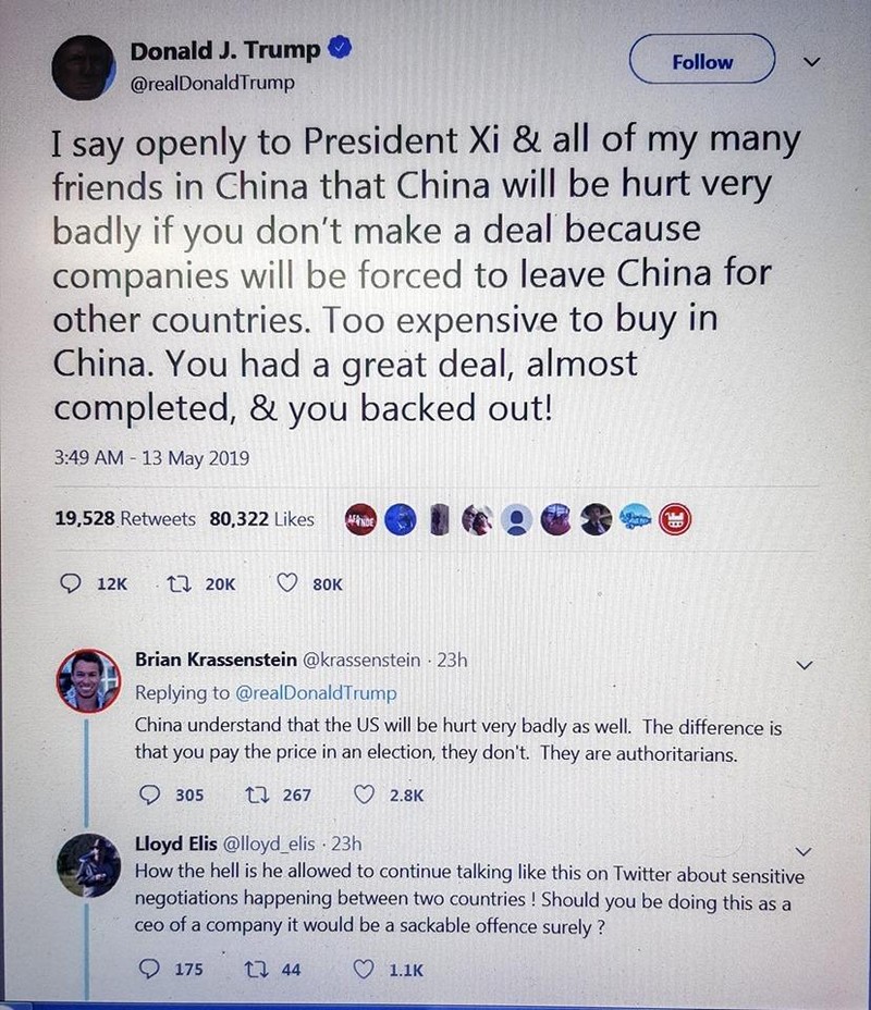 Ông Donald Trump viết tweet cảnh cáo Trung Quốc chớ có bất cứ hành động trả đũa nào khi Mỹ tăng thuế Ông Donald Trump viết tweet cảnh cáo Trung Quốc chớ có bất cứ hành động trả đũa nào khi Mỹ tăng thuế
