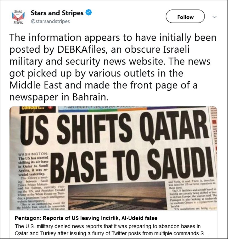Trang web “DEBKAfile” từng đưa tin giả về việc Mỹ sẽ rút các căn cứ quân sự khỏi Qatar và Thổ Nhĩ Kỳ Trang web “DEBKAfile” từng đưa tin giả về việc Mỹ sẽ rút các căn cứ quân sự khỏi Qatar và Thổ Nhĩ Kỳ
