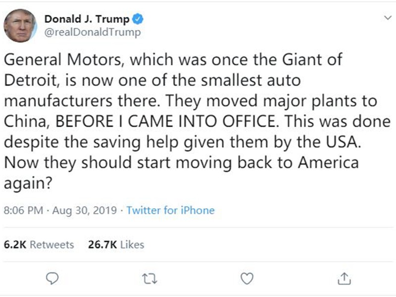 Ông Trump viết tweet ra lệnh General Motors rút khỏi Trung Quốc. (Ảnh: Đa Chiều) Ông Trump viết tweet ra lệnh General Motors rút khỏi Trung Quốc. (Ảnh: Đa Chiều)