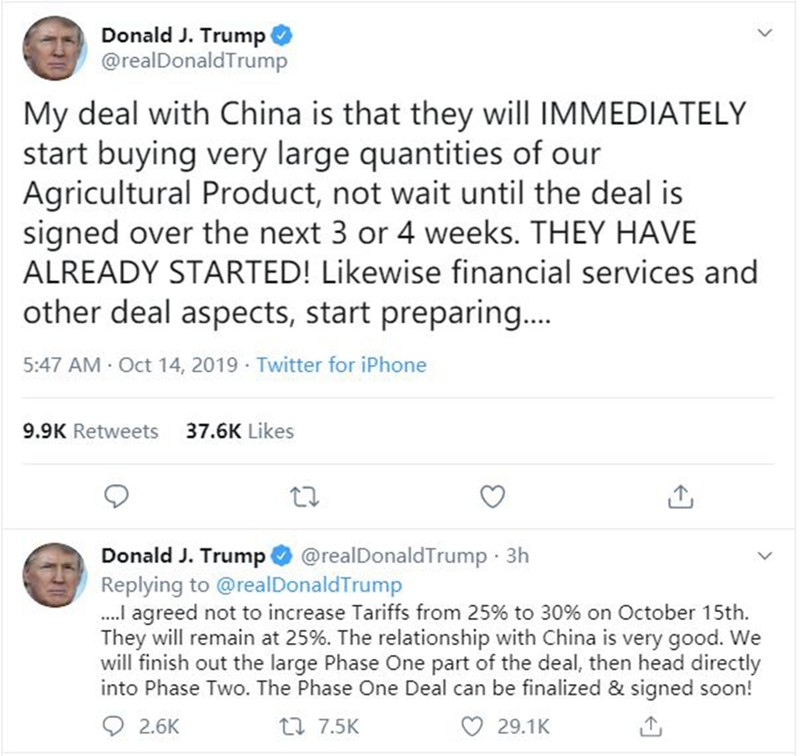 Ngày 14/10, ông Trump viết tweet bày tỏ phấn khởi trước thỏa thuận bước thứ nhất đạt được với Trung Quốc Ngày 14/10, ông Trump viết tweet bày tỏ phấn khởi trước thỏa thuận bước thứ nhất đạt được với Trung Quốc