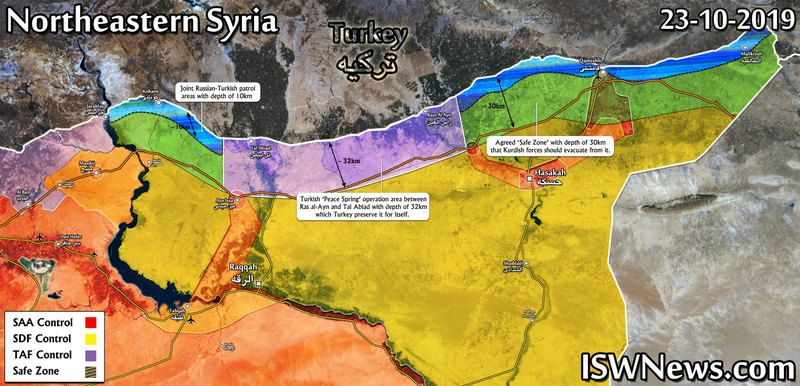 Tình hình miền Bắc Syria ngày 23/10: màu Tím là khu vực quân đội Thổ Nhĩ Kỳ kiểm soát; Xanh Lam: khu vực quân đội chính phủ Syria kiểm soát và tuần tra; Xanh Lá cây: khu vực lực lượng người Kurd phải rút đi. Dải đất kéo dài dọc biên giới là "khu vực an ninh" rộng 30 km. Tình hình miền Bắc Syria ngày 23/10: màu Tím là khu vực quân đội Thổ Nhĩ Kỳ kiểm soát; Xanh Lam: khu vực quân đội chính phủ Syria kiểm soát và tuần tra; Xanh Lá cây: khu vực lực lượng người Kurd phải rút đi. Dải đất kéo dài dọc biên giới là "khu vực an ninh" rộng 30 km.