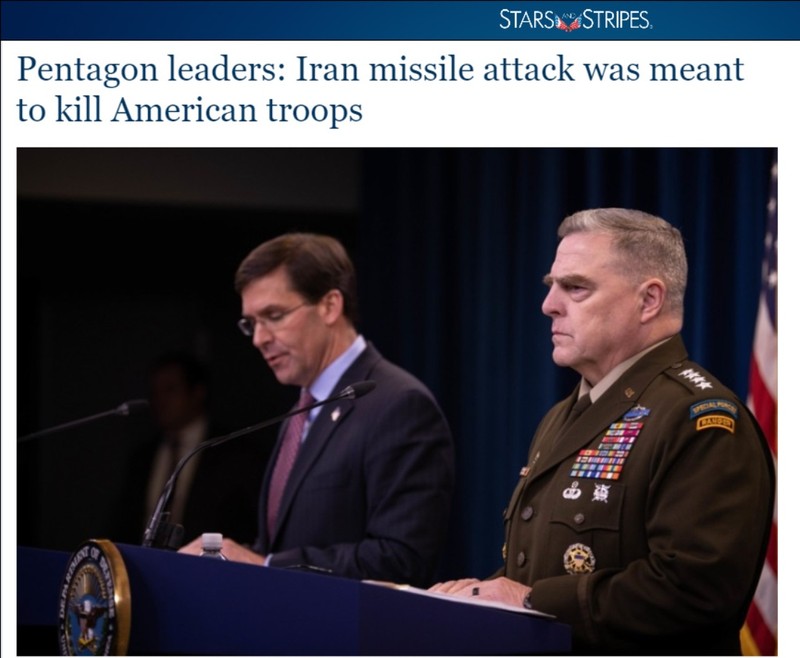 Bộ trưởng Quốc phòng Mỹ Mark Esper và Chủ tịch Hội đồng TMT liên quân Mark Milley cho rằng Iran cố tình gây thương vong cho binh sĩ Mỹ (Ảnh: Stars and Stripes) Bộ trưởng Quốc phòng Mỹ Mark Esper và Chủ tịch Hội đồng TMT liên quân Mark Milley cho rằng Iran cố tình gây thương vong cho binh sĩ Mỹ (Ảnh: Stars and Stripes)
