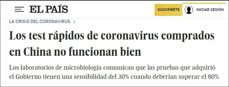 Báo Tây Ban Nha viết về vụ mua phải lô sản phẩm bộ thử kém chất lượng của Trung Quốc (Ảnh: Guancha)