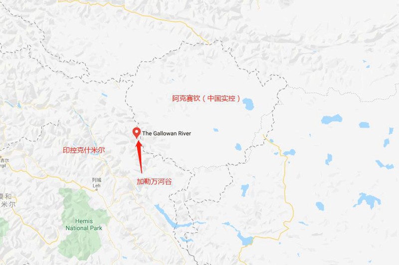 Theo Google Map, thung lũng Gallowan hai bên đang tranh chấp nằm trong lãnh thổ Ấn Độ (Ảnh: Đa Chiều)