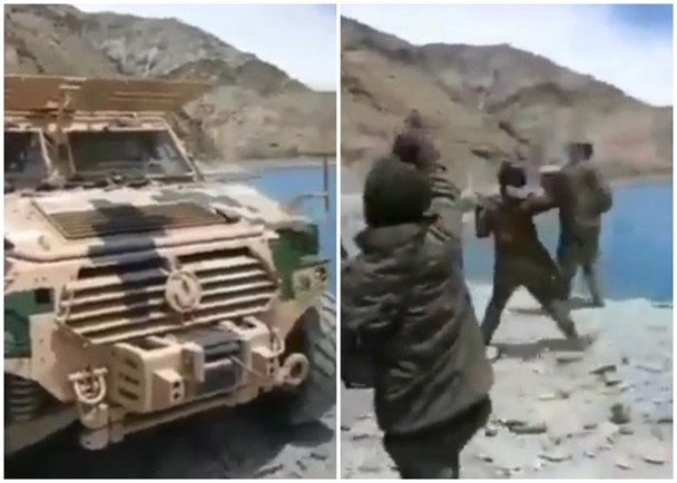 Lính Ấn Độ đập phá xe trinh sát Trung Quốc (trái) và ném đá lính Trung Quốc (phải) (Ảnh: Đông Phương) Lính Ấn Độ đập phá xe trinh sát Trung Quốc (trái) và ném đá lính Trung Quốc (phải) (Ảnh: Đông Phương)