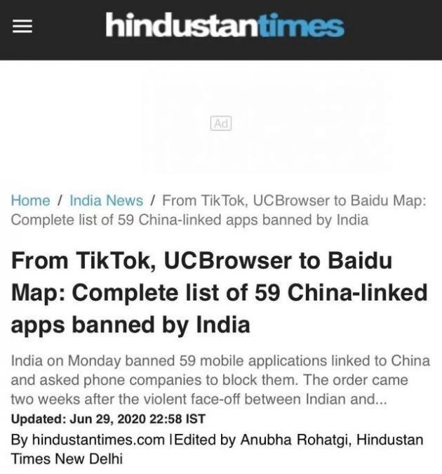 Thông tin về lệnh cấm được đăng tải trên báo Ấn Độ (Ảnh: Hindustan Times). Thông tin về lệnh cấm được đăng tải trên báo Ấn Độ (Ảnh: Hindustan Times).
