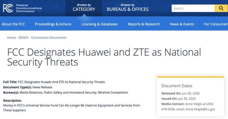 FCC đăng thông báo coi Huawei và ZTE là mối đe dọa cho an ninh quốc gia của Mỹ (Ảnh: FCC). FCC đăng thông báo coi Huawei và ZTE là mối đe dọa cho an ninh quốc gia của Mỹ (Ảnh: FCC).