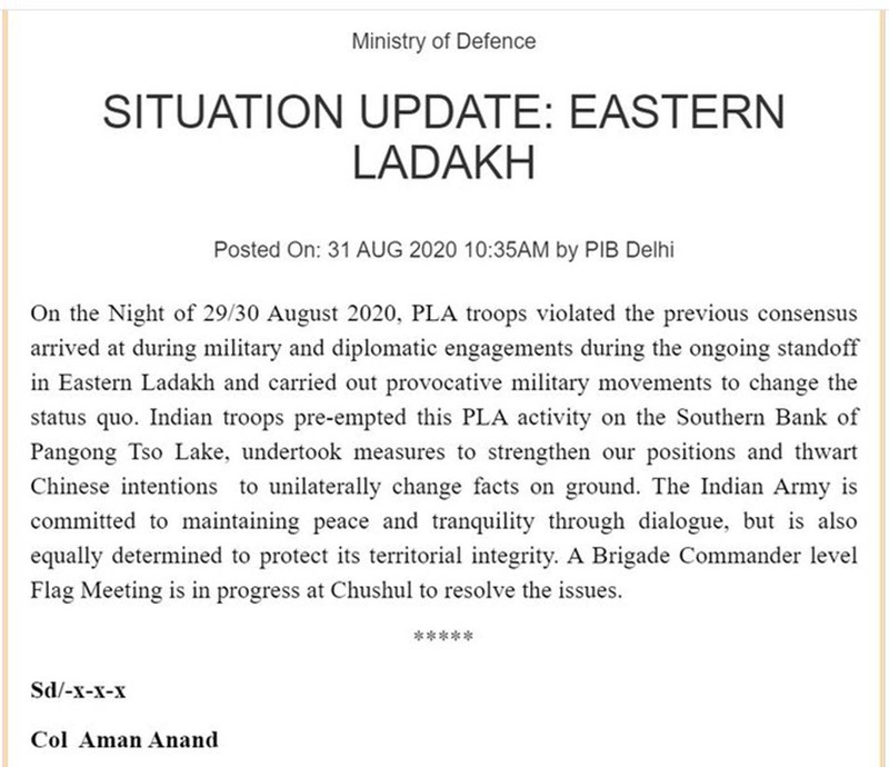 Tuyên bố của Bộ Quốc phòng Ấn Độ về các vụ xung đột giữa quân đội Trung - Ấn ở phía Nam Hồ Pangong tối 29 và 30/8 (Ảnh: Đa Chiều).