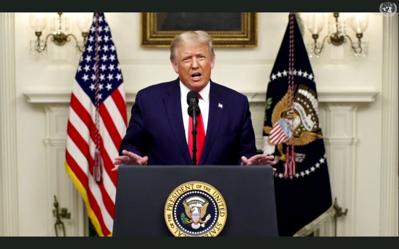 TRong bài phát biểu, Tổng thống Mỹ Donald Trump 12 lần nêu đích danh Trung Quốc, đề xuất Liên Hợp Quốc buộc Trung Quốc phải chịu trách nhiệm về đại dịch COVID-19 (Ảnh: Đa Chiều).