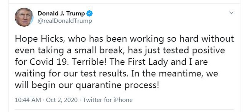 Vào đêm qua, theo giờ Washington, sáng nay theo giờ Hà Nội, ông Trump viết trên Twiiter thông báo Trợ lý Hope Hicks bị nhiễm COVID-19, ông và vợ phải cách ly (Ảnh: Đa Chiều). Vào đêm qua, theo giờ Washington, sáng nay theo giờ Hà Nội, ông Trump viết trên Twiiter thông báo Trợ lý Hope Hicks bị nhiễm COVID-19, ông và vợ phải cách ly (Ảnh: Đa Chiều).