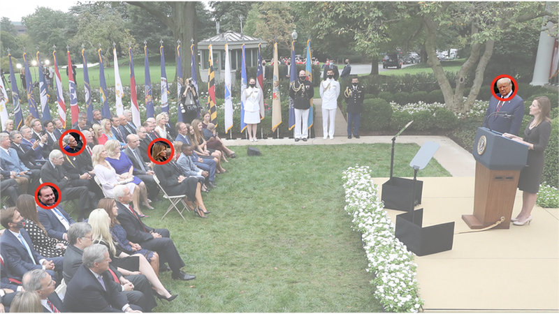 Ông Trump và 3 người đã được xác nhận nhiễm COVID-19 (trong vòng đỏ): bà Melinda, Thượng nghị sỹ Mike Lee và Hiệu trưởng Đại học John Hopkin (Ảnh: Getty/BBC).