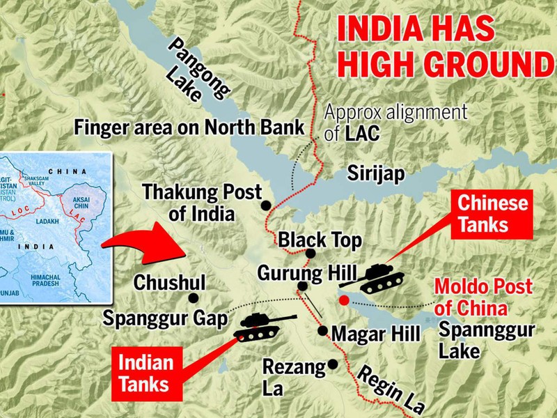 Tình hình đối đầu căng thẳng giữa quân đội hai bên ở phía nam hồ Pangong (Ảnh: The Times of India). Tình hình đối đầu căng thẳng giữa quân đội hai bên ở phía nam hồ Pangong (Ảnh: The Times of India).