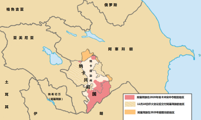 Cục diện Nagorno-Karabakh hiện nay: màu đỏ là khu vực Azerbaijan chiếm từ tháng 9 đến nay; sọc vàng nhạt: sẽ bàn giao cho Azerbaijan sau khi ký hiệp định ngừng bắn 10/11; vàng sẫm: khu vực Azerbaijan kiểm soát trước năm 2020; khu vực màu trắng: Châu tự trị Nagorno-Karabakh nơi lực lượng gìn giữ hòa bình Nga vào đóng quân (Ảnh: Dwnews). Cục diện Nagorno-Karabakh hiện nay: màu đỏ là khu vực Azerbaijan chiếm từ tháng 9 đến nay; sọc vàng nhạt: sẽ bàn giao cho Azerbaijan sau khi ký hiệp định ngừng bắn 10/11; vàng sẫm: khu vực Azerbaijan kiểm soát trước năm 2020; khu vực màu trắng: Châu tự trị Nagorno-Karabakh nơi lực lượng gìn giữ hòa bình Nga vào đóng quân (Ảnh: Dwnews).