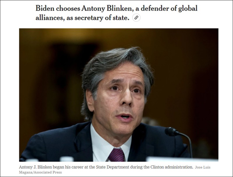 Ông Anthony Blinken, người được ông Joe Biden chọn giao chức Ngoại trưởng (Ảnh: AP).