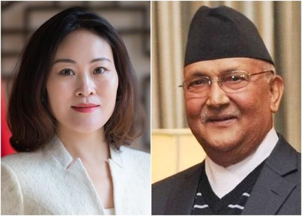 Đại sứ Trung Quốc Hầu Diễm Kỳ và Thủ tướng Nepal Khadga Sharma Oli (Ảnh: Dongfang).