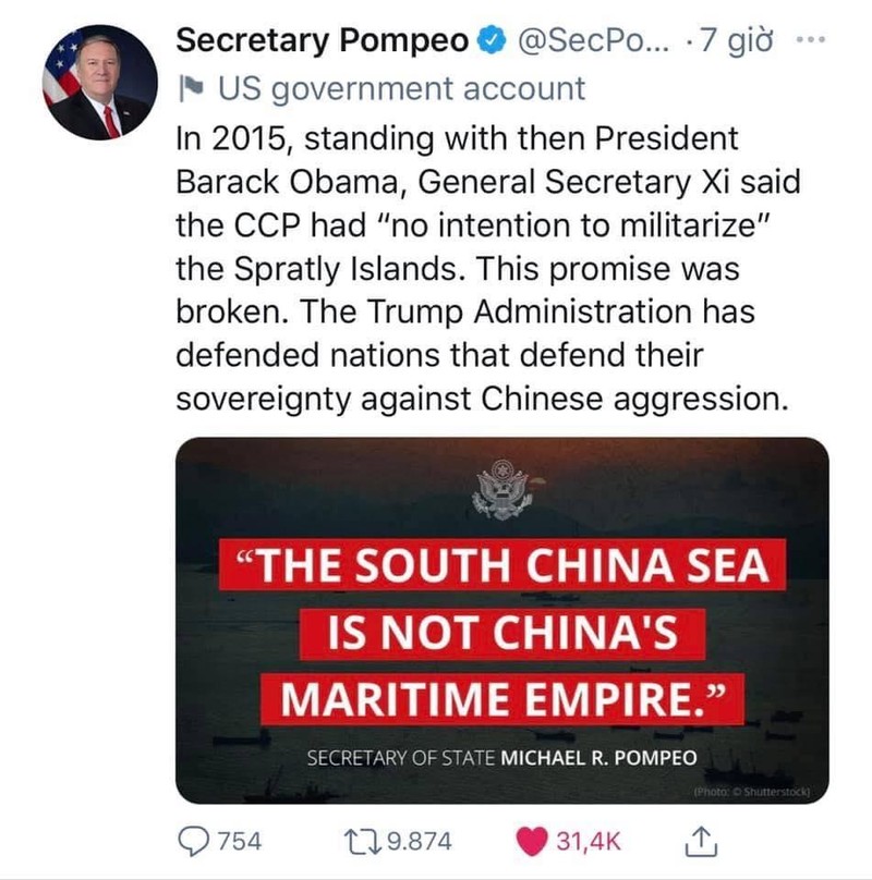 Một đoạn tweet của ông Mike Pompeo phê phán Trung Quốc nuốt lời hứa &quot;không quân sự hóa Biển Đông&quot; (Ảnh: Twitter).