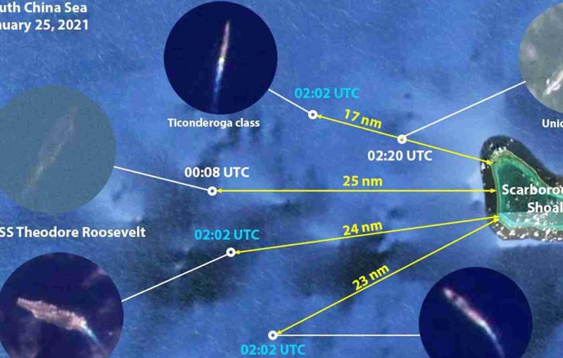 Biên đội tàu sân bay USS Roosevelt tại vùng biển gần bãi Scarborough hôm 25/1 (Ảnh: Dwnews). Biên đội tàu sân bay USS Roosevelt tại vùng biển gần bãi Scarborough hôm 25/1 (Ảnh: Dwnews).