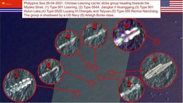 Ảnh vệ tinh trên trang OSINT-1 cho thấy tàu chiến Mỹ (6) bám sát phía sau tàu Type 054A (2) và tàu Liêu Ninh (1). Ảnh vệ tinh trên trang OSINT-1 cho thấy tàu chiến Mỹ (6) bám sát phía sau tàu Type 054A (2) và tàu Liêu Ninh (1).