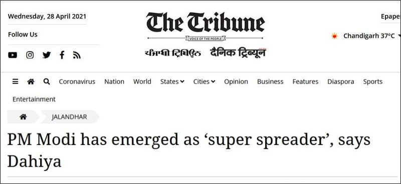 Ông Navjot Dahiya chỉ trích Thủ tướng Modi trên tờ The Tribune.
