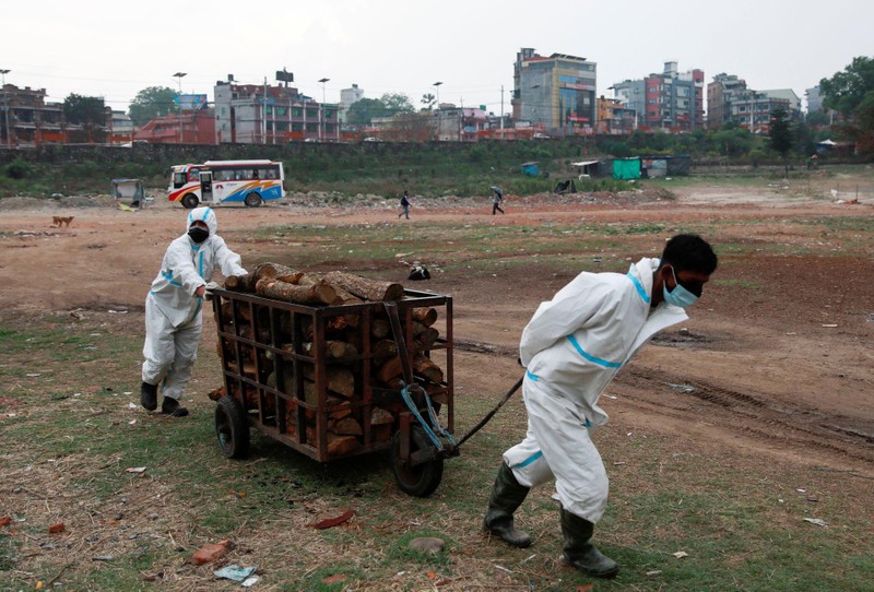 Vận chuyển củi đến bãi thiêu tạm thời (Ảnh: AP).