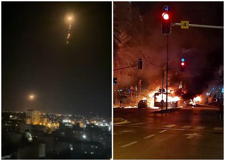 Xe bus của israel ở Tel Aviv (phải) bị trúng tên lửa bốc cháy đêm 10/5 (Ảnh: Đông Phương). Xe bus của israel ở Tel Aviv (phải) bị trúng tên lửa bốc cháy đêm 10/5 (Ảnh: Đông Phương).