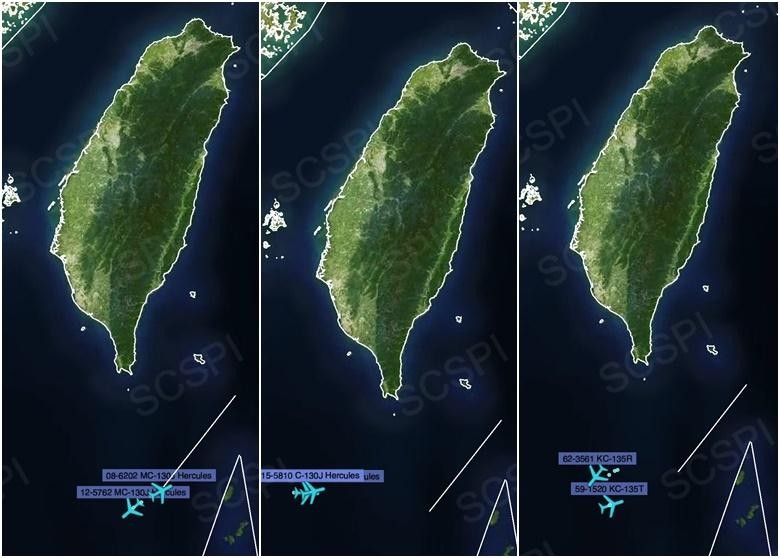 Bản đồ do Trung tâm SCSPI công bố cho thấy các máy bay Mỹ hoạt động ở bên trong Vùng nhận dạng phòng không Tây Nam Đài Loan (Ảnh: Đông Phương). Bản đồ do Trung tâm SCSPI công bố cho thấy các máy bay Mỹ hoạt động ở bên trong Vùng nhận dạng phòng không Tây Nam Đài Loan (Ảnh: Đông Phương).
