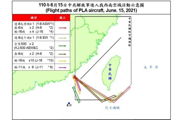 Sơ đồ đường bay của 28 máy bay PLA hôm 15/6 do quân đội Đài Loan công bố (Ảnh: CNA).
