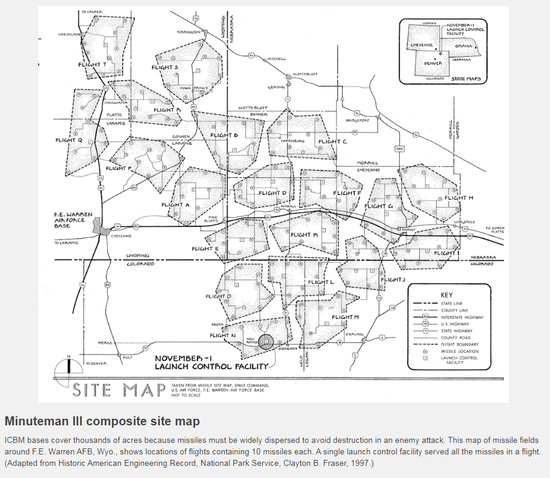 Bản đồ cho thấy Mỹ xây dựng nhiều giếng phóng cho mỗi tên lửa để nghi binh trong thời kỳ Chiến tranh Lạnh (Ảnh: TTTK).