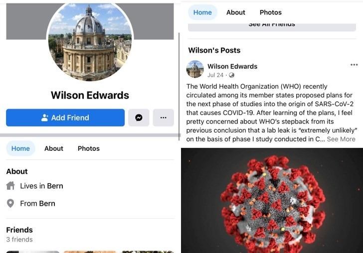 Tài khoản Facebook của "Wilson Edward" vừa được lập ra hôm 24/7 đăng duy nhất bài viết đưa thông tin sai lệch bị Thụy Sĩ bác bỏ (Ảnh: HKEP). Tài khoản Facebook của "Wilson Edward" vừa được lập ra hôm 24/7 đăng duy nhất bài viết đưa thông tin sai lệch bị Thụy Sĩ bác bỏ (Ảnh: HKEP).