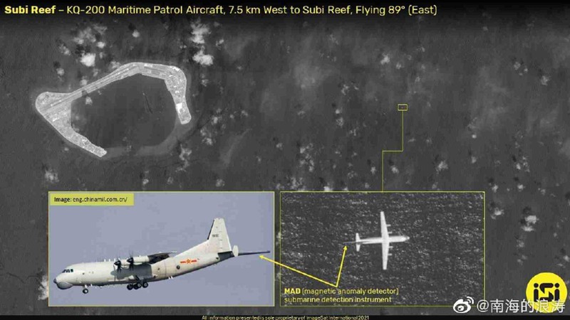 Máy bay chống ngầm KQ-200 của Trung Quốc đang bay gần đá Subi (Ảnh: ISI). Máy bay chống ngầm KQ-200 của Trung Quốc đang bay gần đá Subi (Ảnh: ISI).