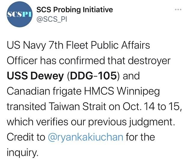 Bản tin của SCSPI về vụ việc tàu chiến Mỹ và Canada đi xuyên qua eo biển Đài Loan Bản tin của SCSPI về vụ việc tàu chiến Mỹ và Canada đi xuyên qua eo biển Đài Loan