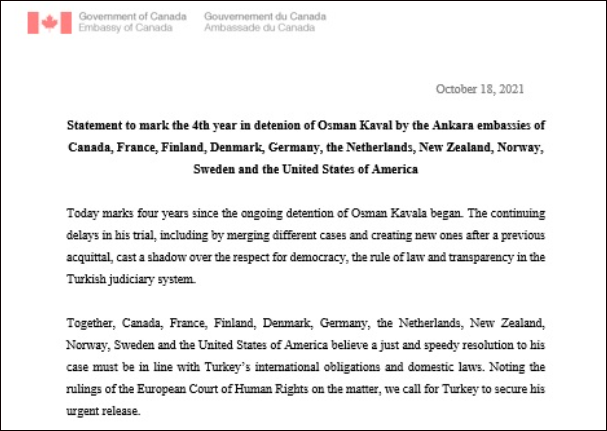 Tuyên bố của 10 đại sứ yêu cầu Thổ Nhĩ Kỳ trả tự do cho ông Kavala Tuyên bố của 10 đại sứ yêu cầu Thổ Nhĩ Kỳ trả tự do cho ông Kavala