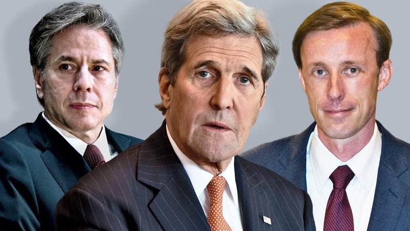 Hai ông John Kerry (giữa) và Jake Sullivan (phải) bất đồng về Chính sách đối với Trung Quốc (Ảnh: Thetimes).