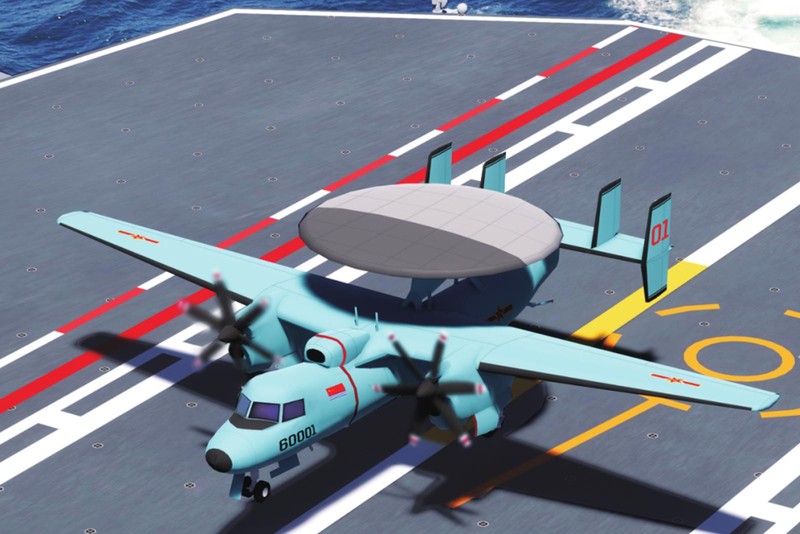 Hình vẽ mô phỏng KJ-600 trên tàu sân bay (Ảnh: Dwnews). Hình vẽ mô phỏng KJ-600 trên tàu sân bay (Ảnh: Dwnews).