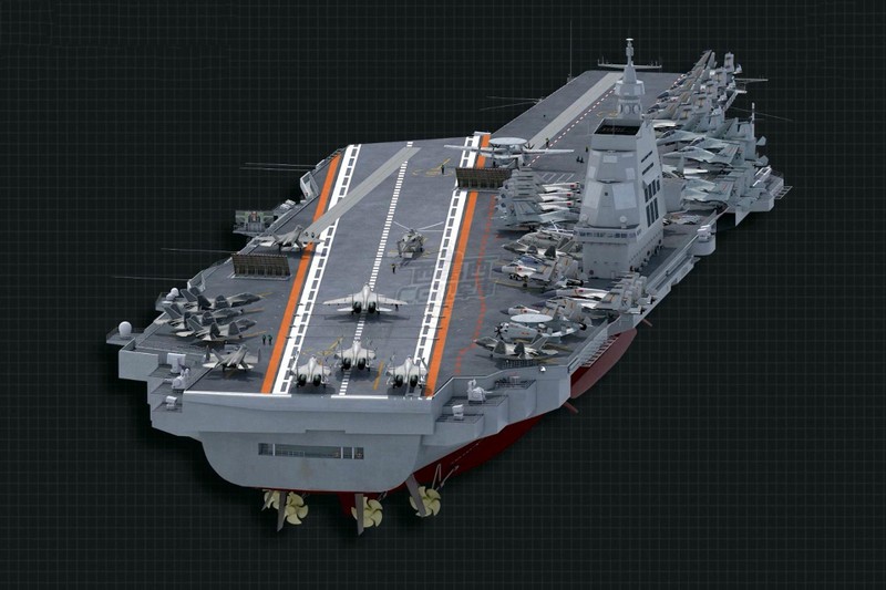 Hình mô phỏng tàu sân bay 003 với các máy bay J-31 và KJ-600 trên boong (Ảnh: Dwnews) Hình mô phỏng tàu sân bay 003 với các máy bay J-31 và KJ-600 trên boong (Ảnh: Dwnews)