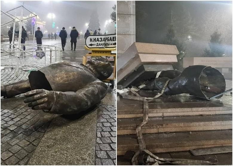 Tượng đồng của cựu Tổng thống Nazarbayev bị phá hủy (Ảnh: Đông Phương)