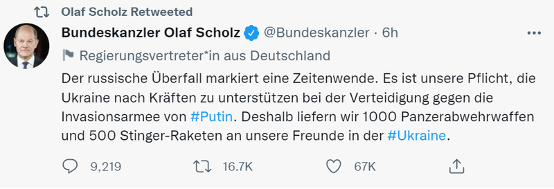 Thủ tướng Đức Scholz tuyên bố viện trợ 1000 tên lửa chống tăng và 500 tên lửa phòng không Stinger cho Ukraine (Ảnh: Twitter).