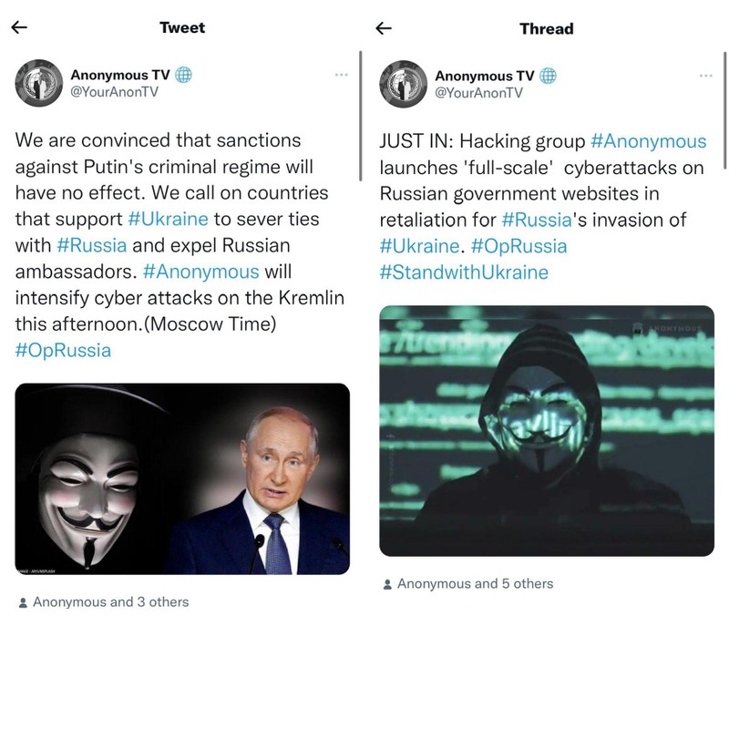 Một số bản tweet có nội dung chống Nga của nhóm Anonymous Một số bản tweet có nội dung chống Nga của nhóm Anonymous