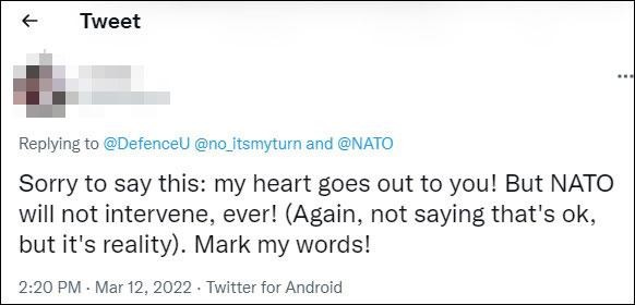 Cảnh báo của cư dân mạng nhắn gửi người Ukraine: “Xin lỗi phải nói điều này: trái tim tôi ở bên các bạn!Nhưng NATO sẽ không can thiệp,sẽ không bao giờ! " Cảnh báo của cư dân mạng nhắn gửi người Ukraine: “Xin lỗi phải nói điều này: trái tim tôi ở bên các bạn!Nhưng NATO sẽ không can thiệp,sẽ không bao giờ! "